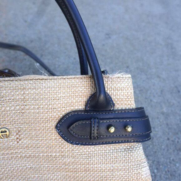 Vintage Etienne Aigner Raffia Straw Bag Black Leather Trim Crossbody Handbag - Picture 3 of 10